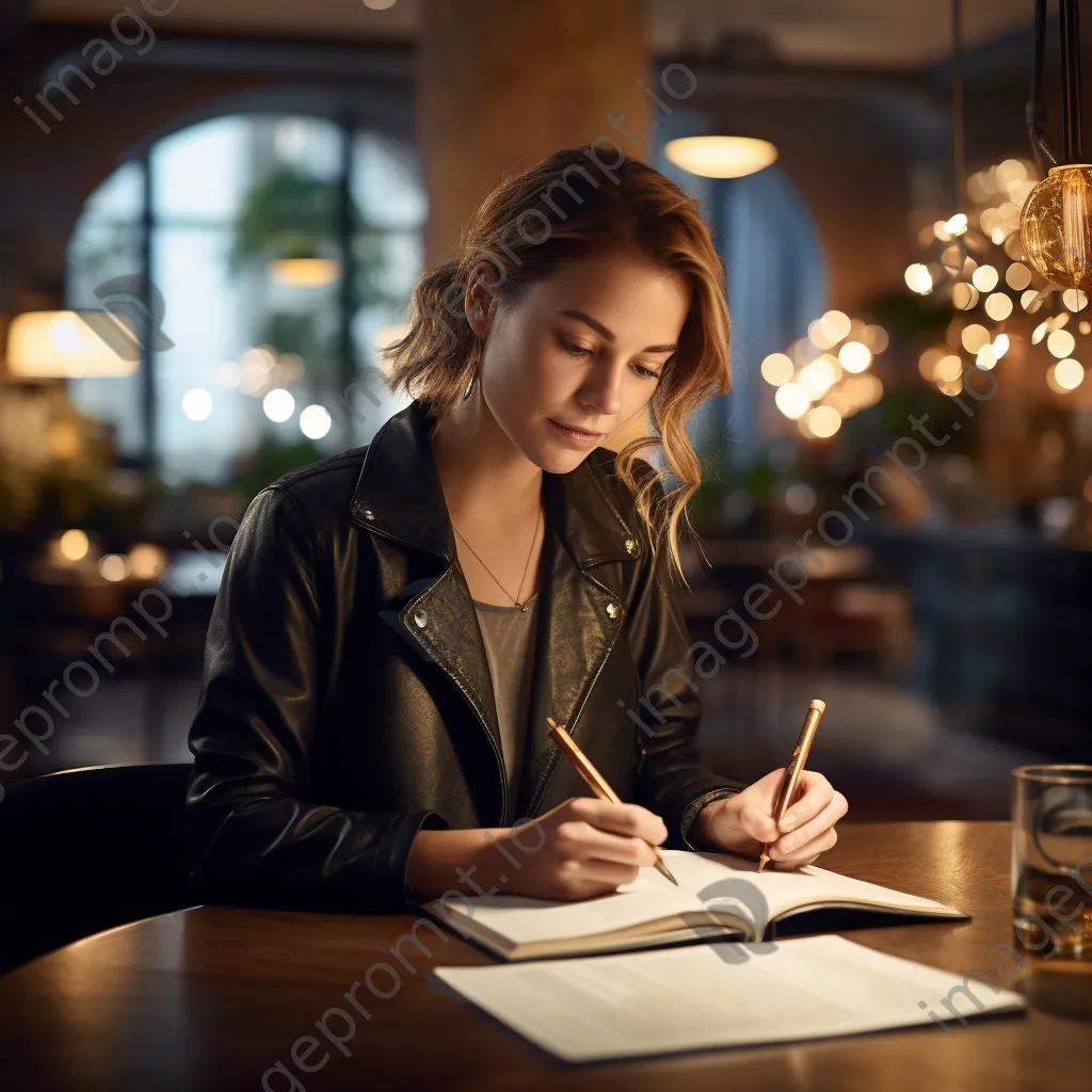 Woman writing goals in a notebook in a stylish café with cozy lighting. - Image 3