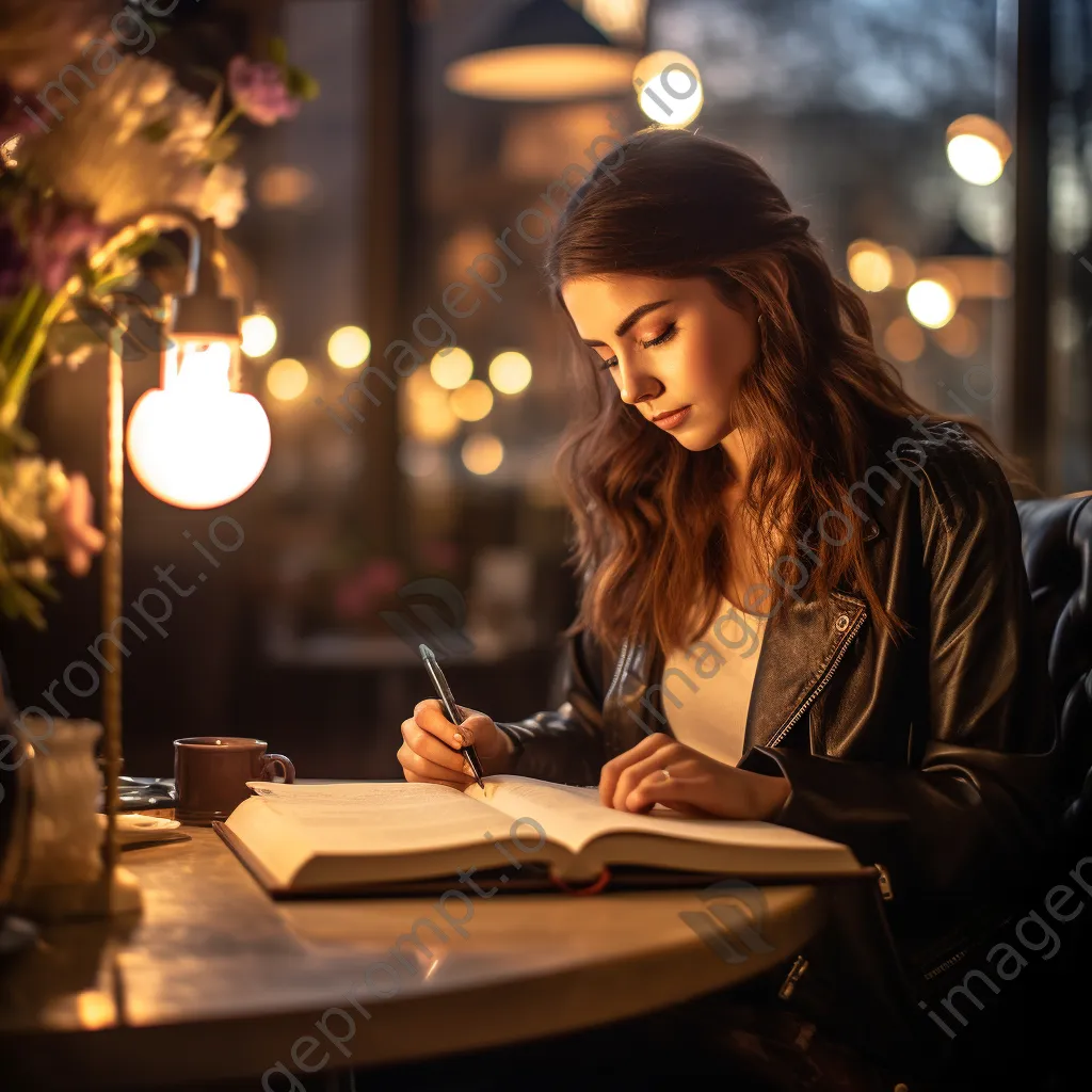 Woman writing goals in a notebook in a stylish café with cozy lighting. - Image 4