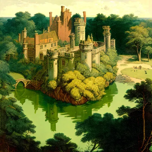 Historic castle with moat in lush green landscape - Image 2