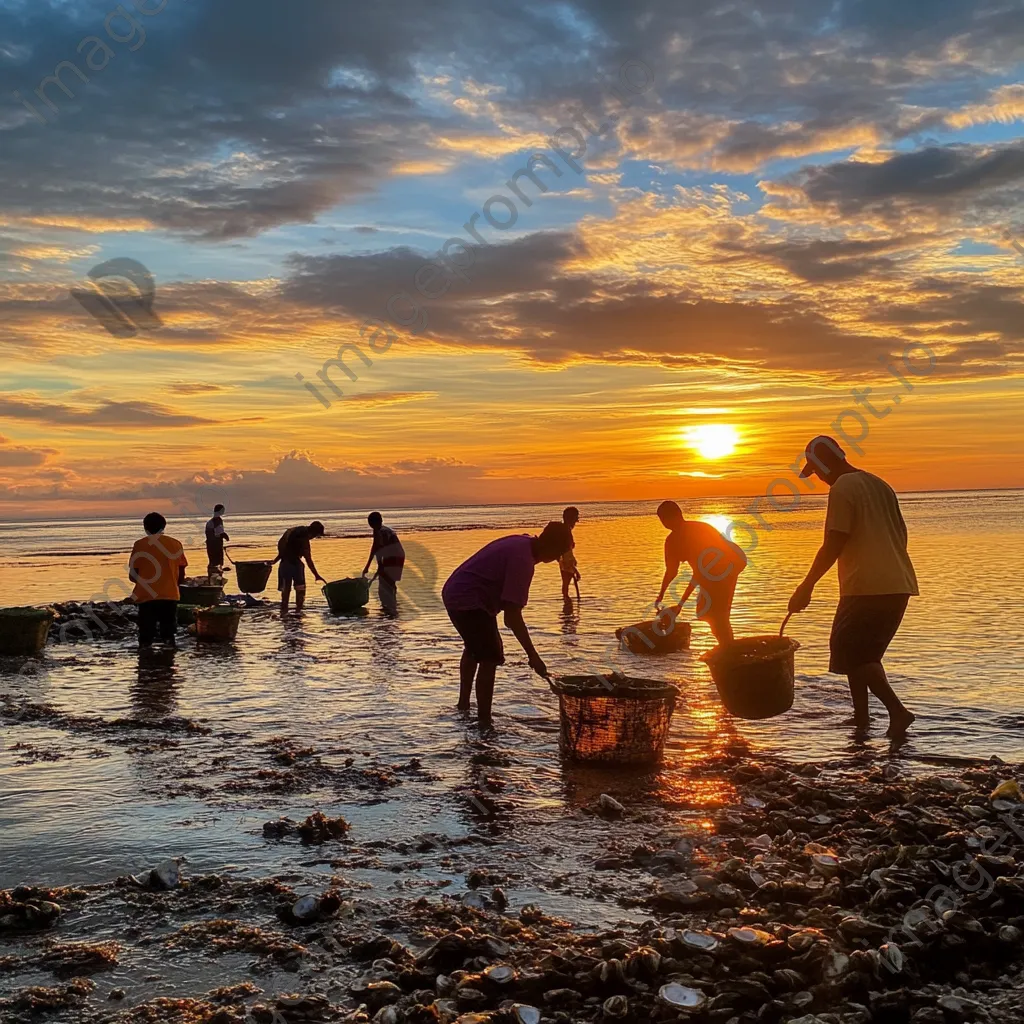 Families harvesting oysters along the shore at sunset - Image 1