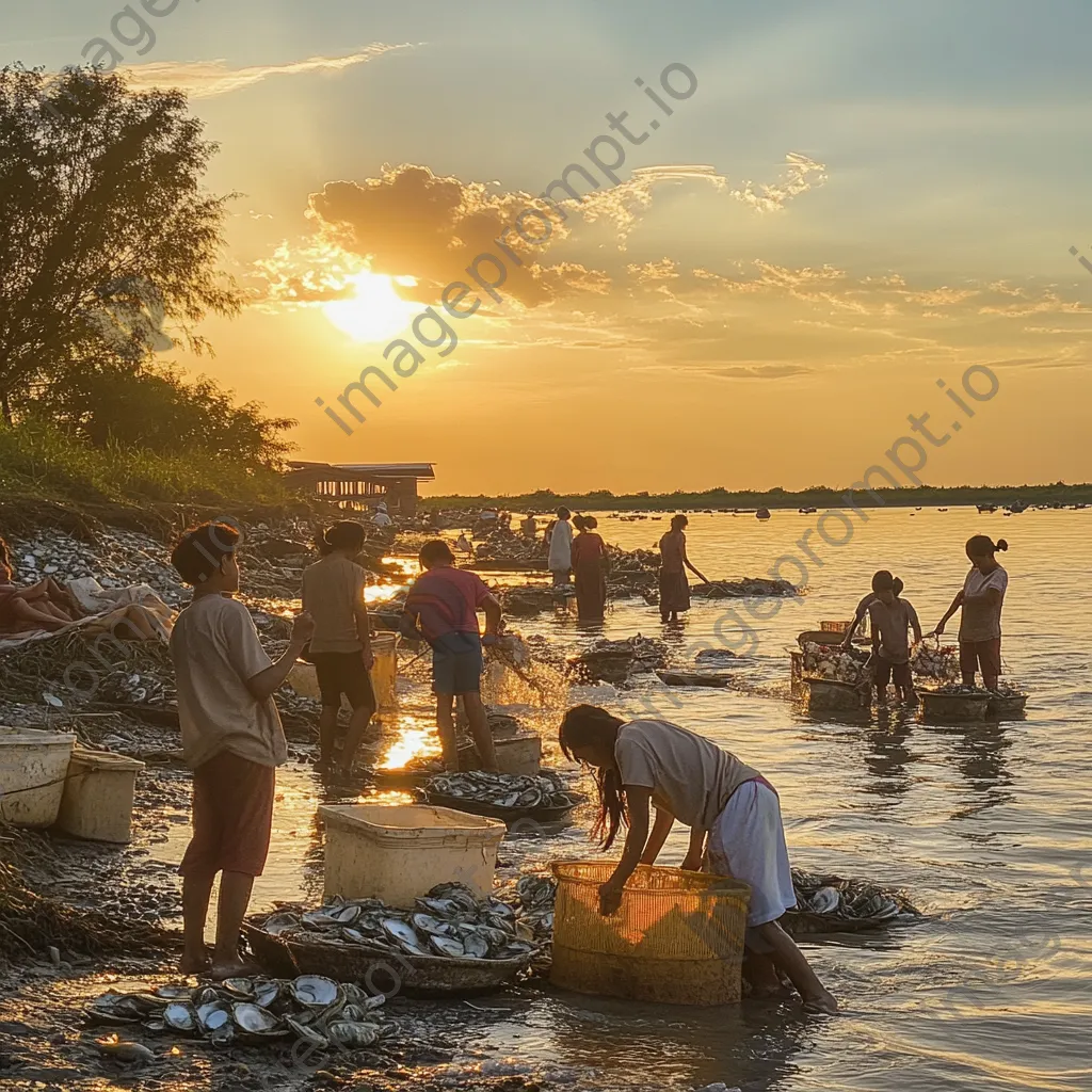 Families harvesting oysters along the shore at sunset - Image 2