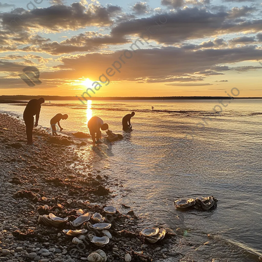 Families harvesting oysters along the shore at sunset - Image 4