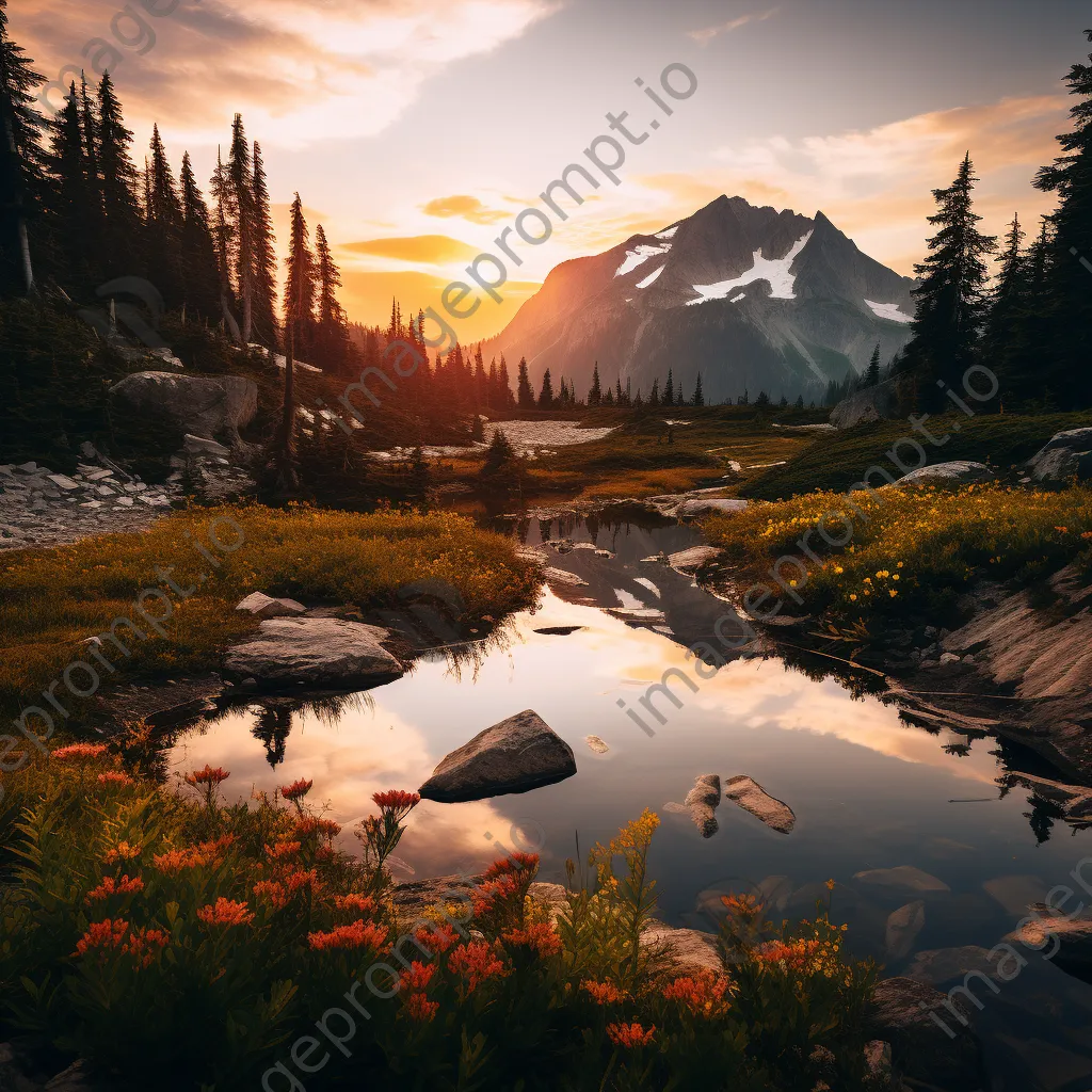 Mountain plateau reflected in tranquil lake at sunset. - Image 3