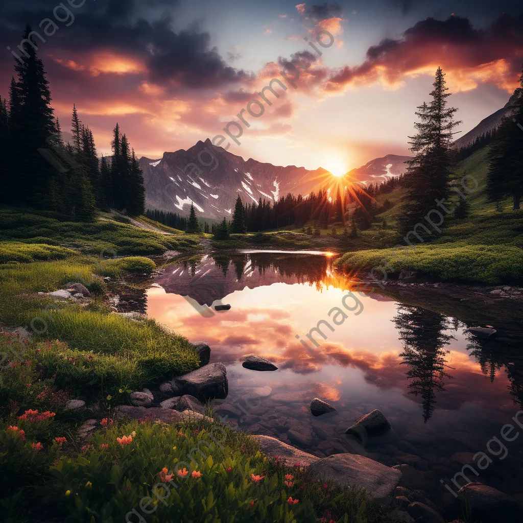 Mountain plateau reflected in tranquil lake at sunset. - Image 4