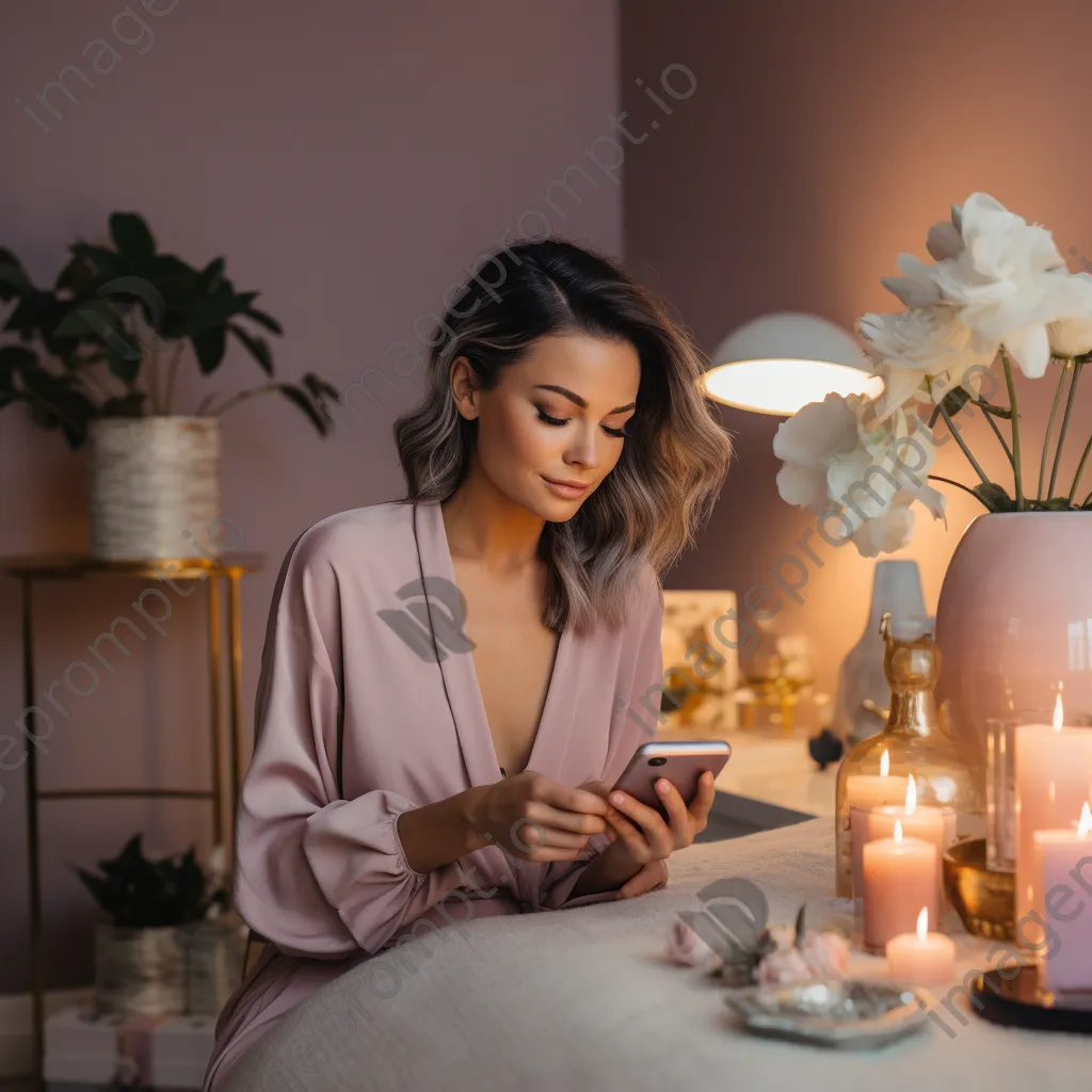 Influencer reviewing skincare products in a decorated room - Image 1