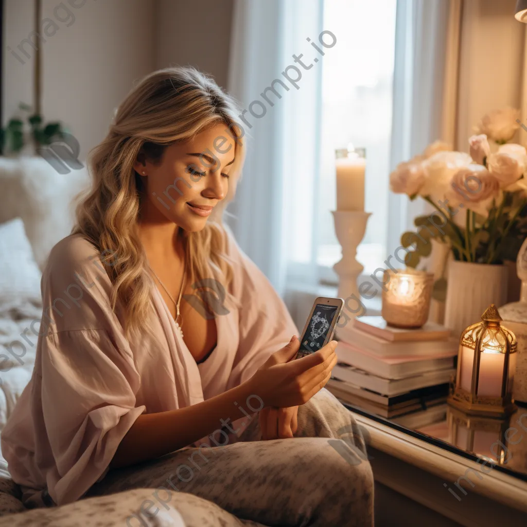 Influencer reviewing skincare products in a decorated room - Image 2