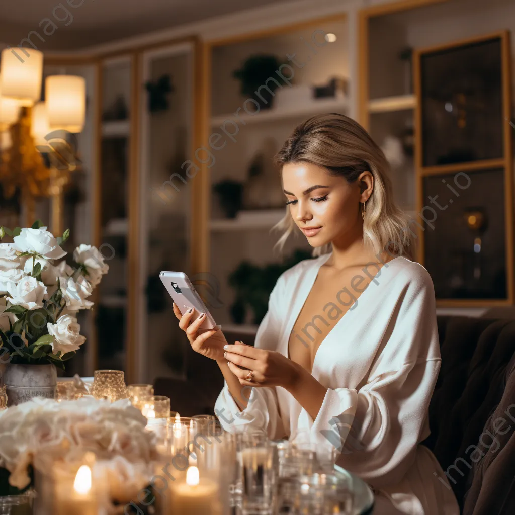 Influencer reviewing skincare products in a decorated room - Image 3