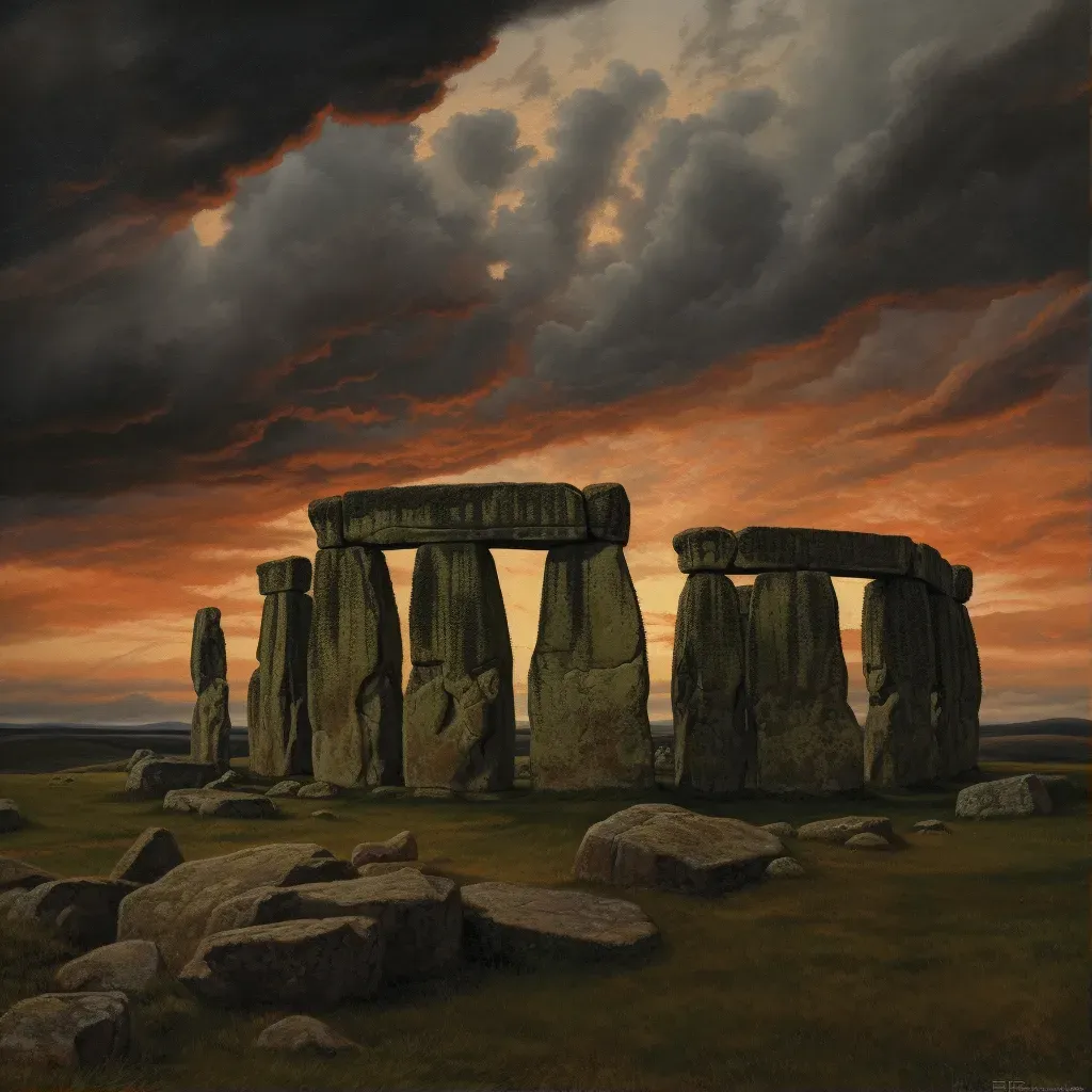 Stonehenge monument under a dramatic cloudy sky at sunset - Image 1