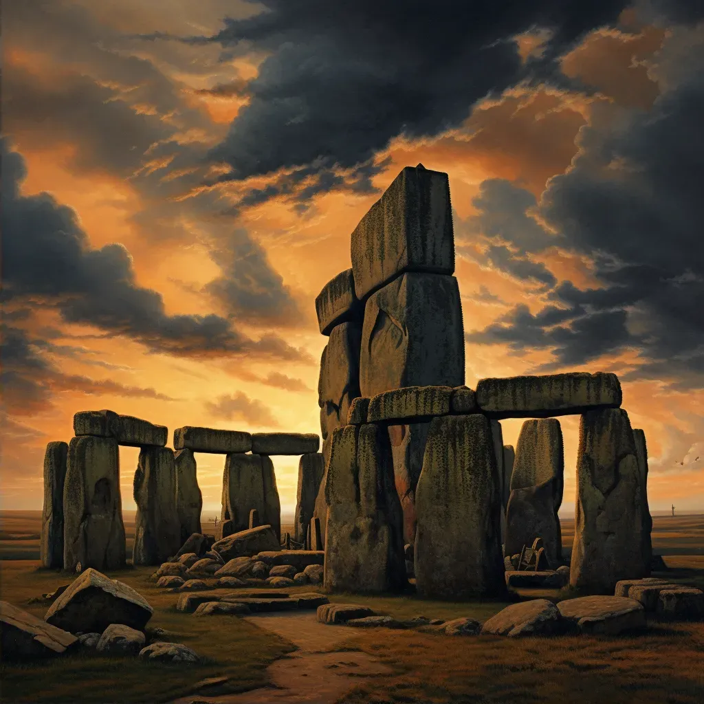 Stonehenge monument under a dramatic cloudy sky at sunset - Image 2