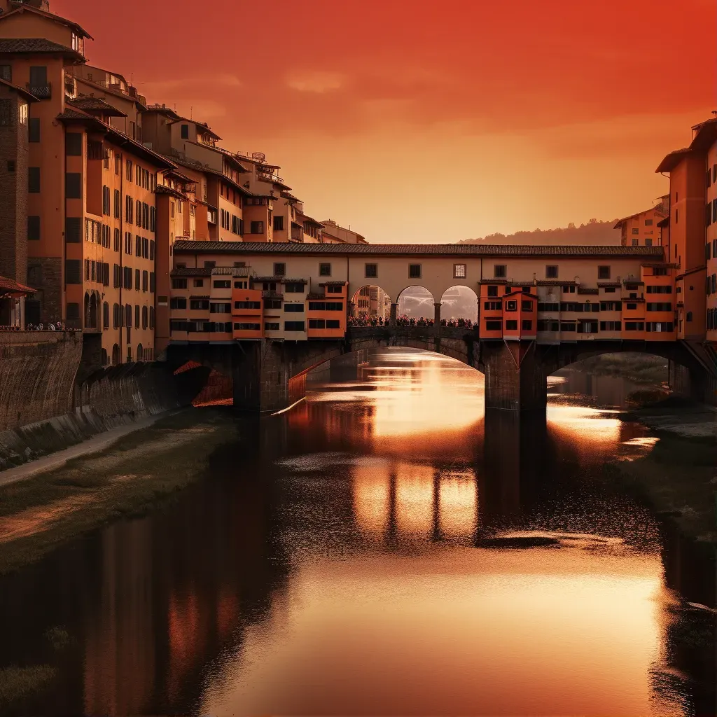 Image of Ponte Vecchio with shops along Arno River at sunset in Florence - Image 1