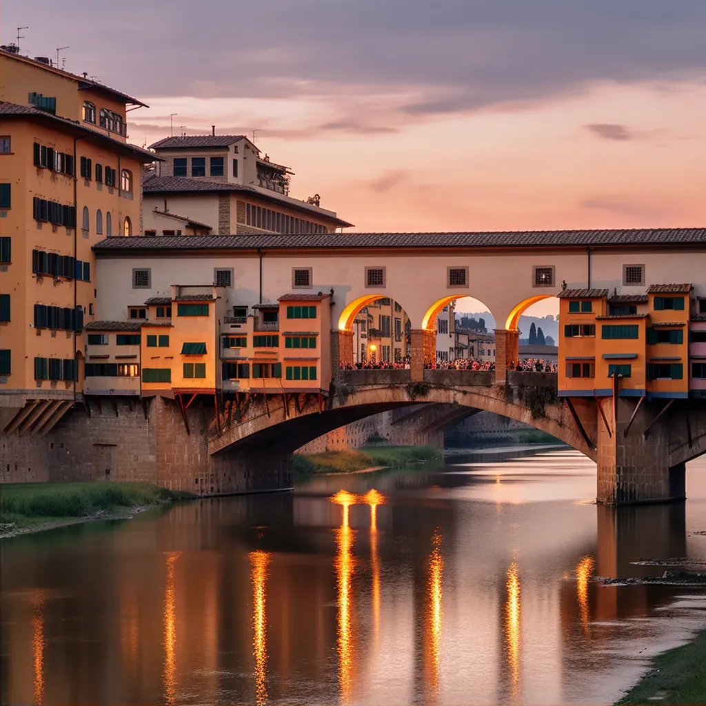 Image of Ponte Vecchio with shops along Arno River at sunset in Florence - Image 2