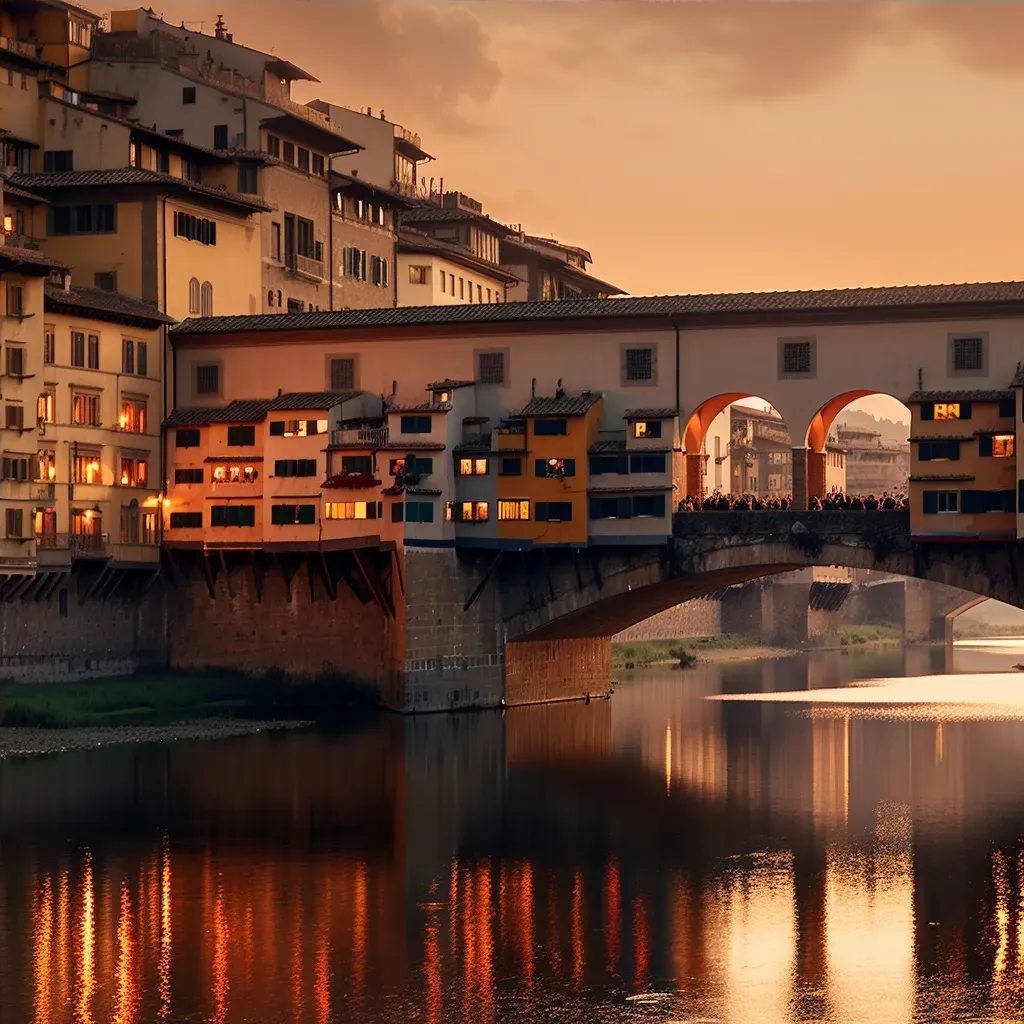 Image of Ponte Vecchio with shops along Arno River at sunset in Florence - Image 4