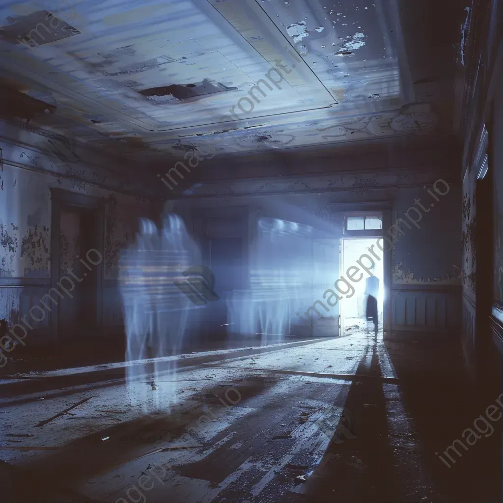 Eerie light trails in abandoned building with ghostly figures - Image 1