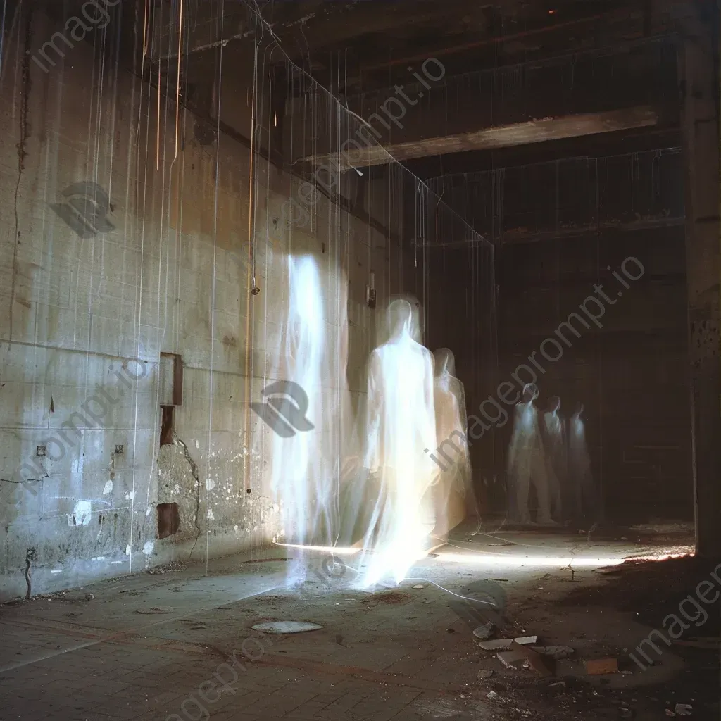 Eerie light trails in abandoned building with ghostly figures - Image 3