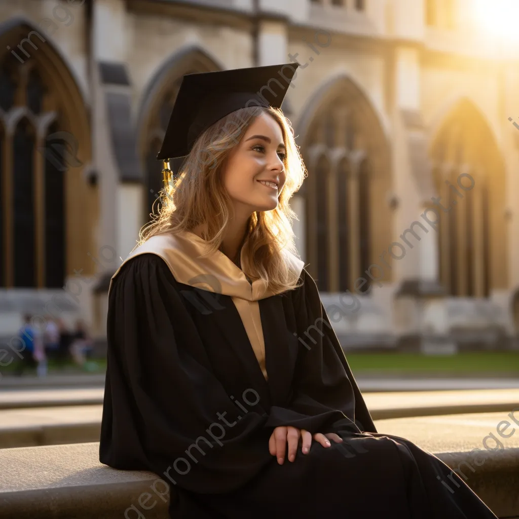 Graduate admiring diploma outside historic building - Image 1