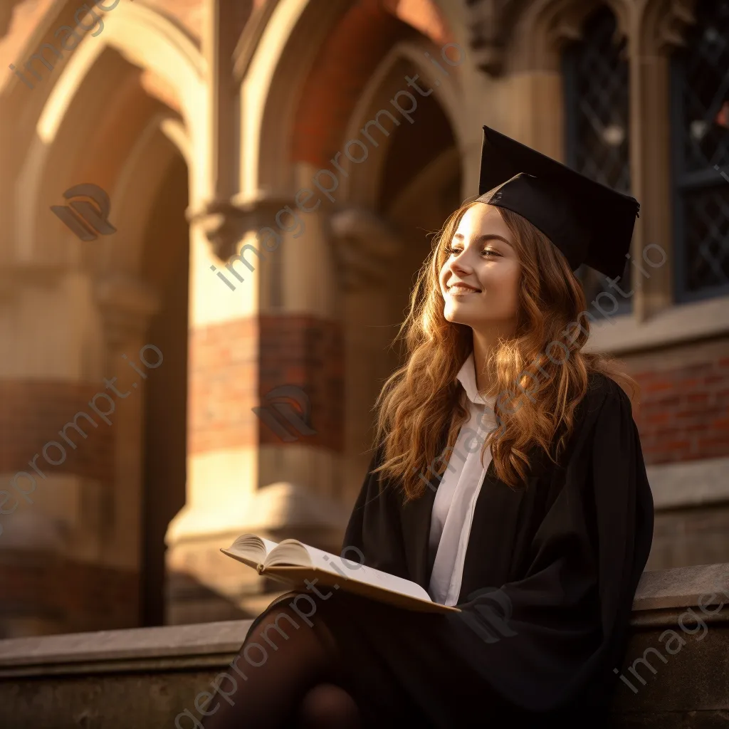 Graduate admiring diploma outside historic building - Image 2