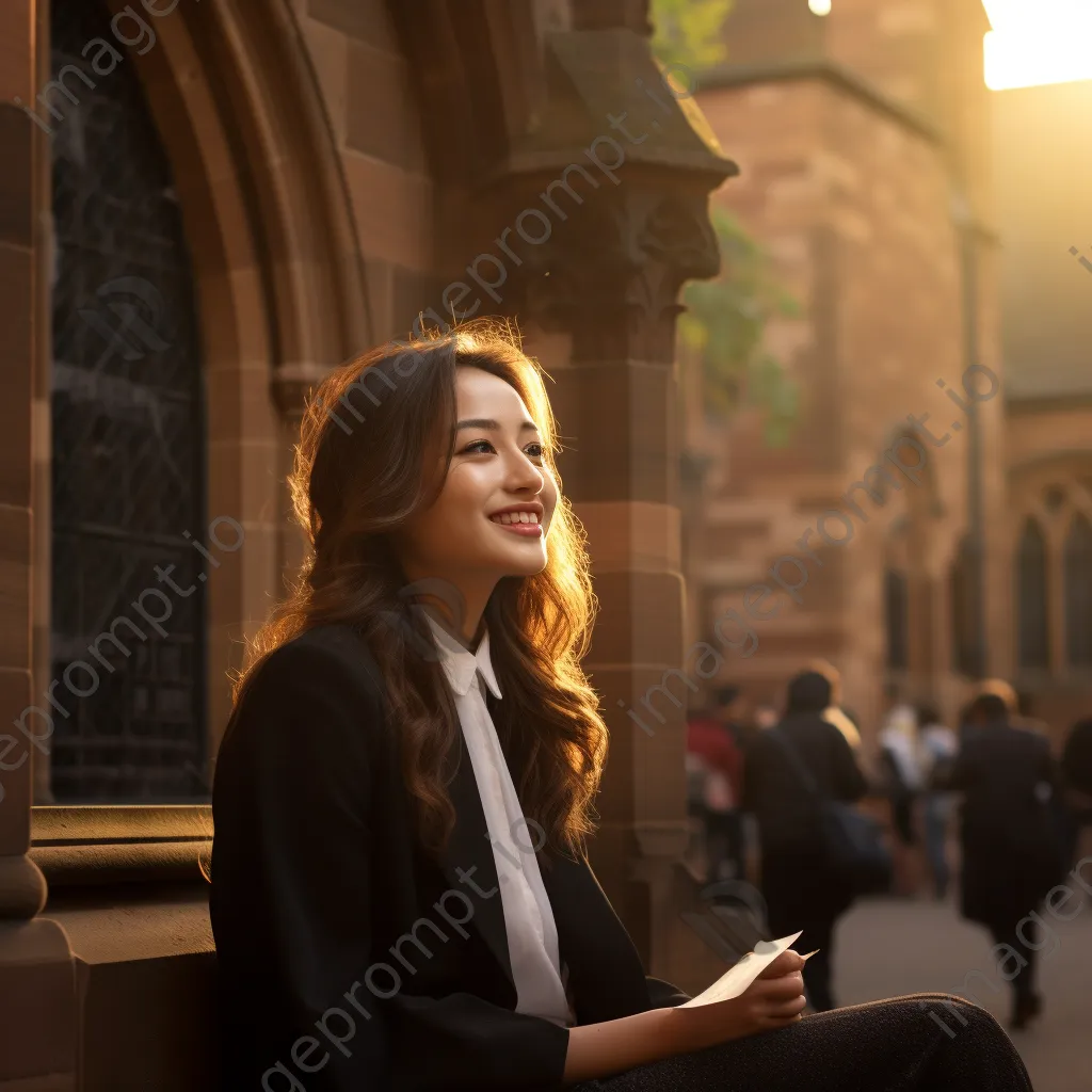 Graduate admiring diploma outside historic building - Image 3