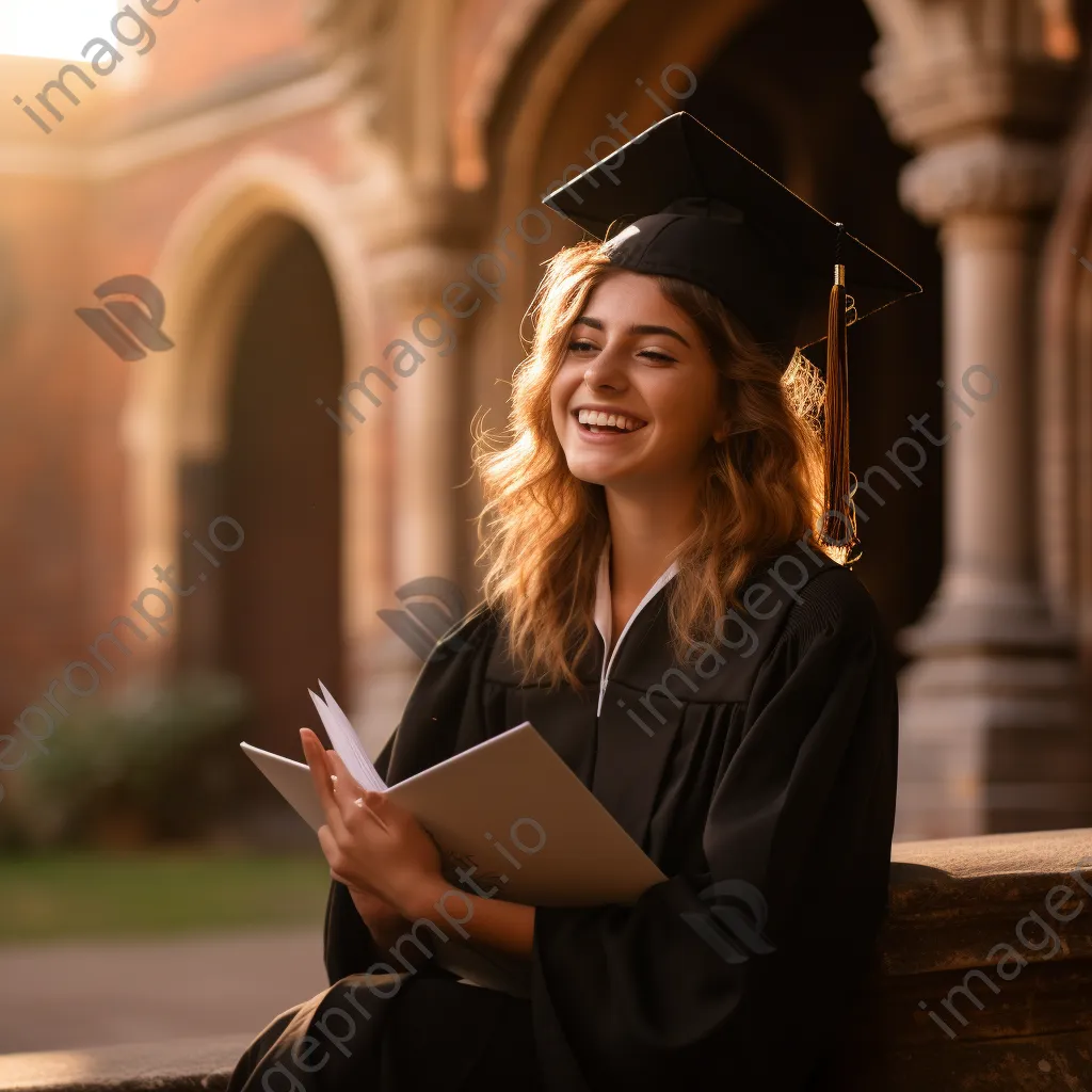 Graduate admiring diploma outside historic building - Image 4