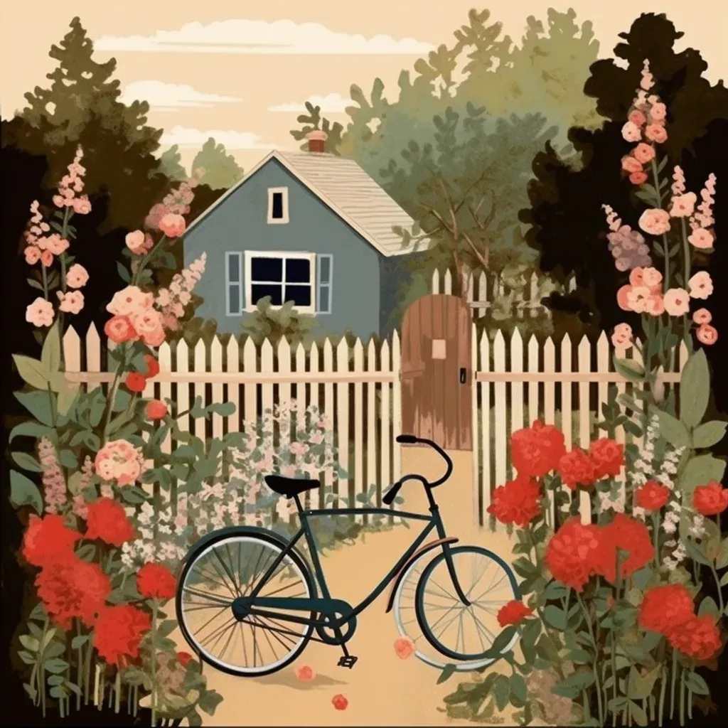 Cottage garden with climbing roses and vintage bicycle - Image 1