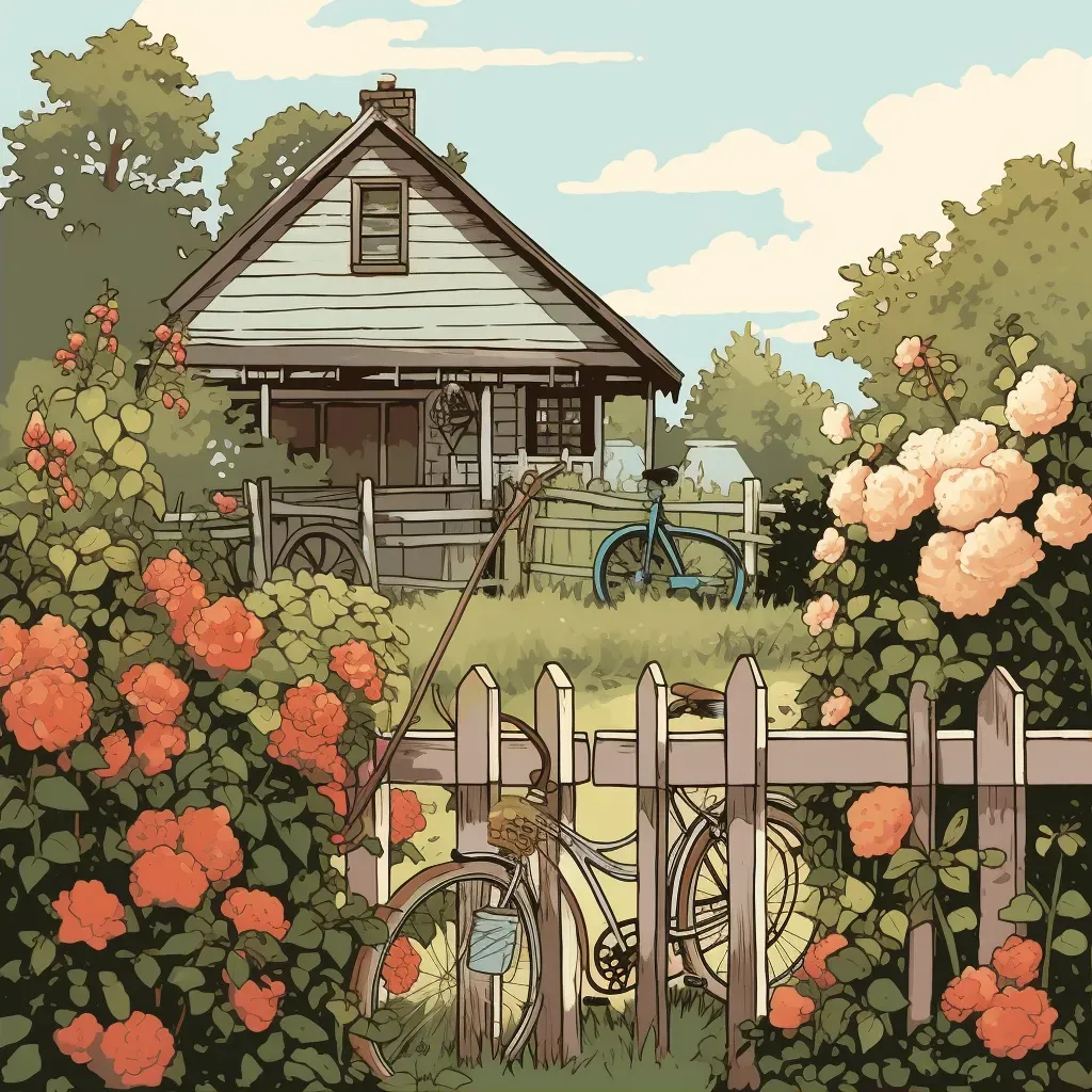 Cottage garden with climbing roses and vintage bicycle - Image 2