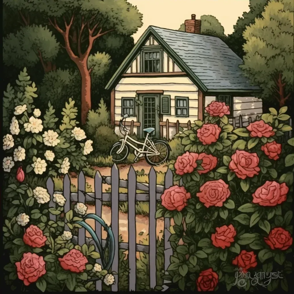 Cottage garden with climbing roses and vintage bicycle - Image 4