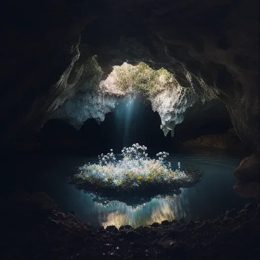 Image of a sunlit cave with clear water pool - Image 1