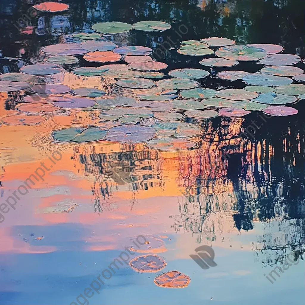 Bacteria colonies depicted as warped reflections on a lake at sunset - Image 1