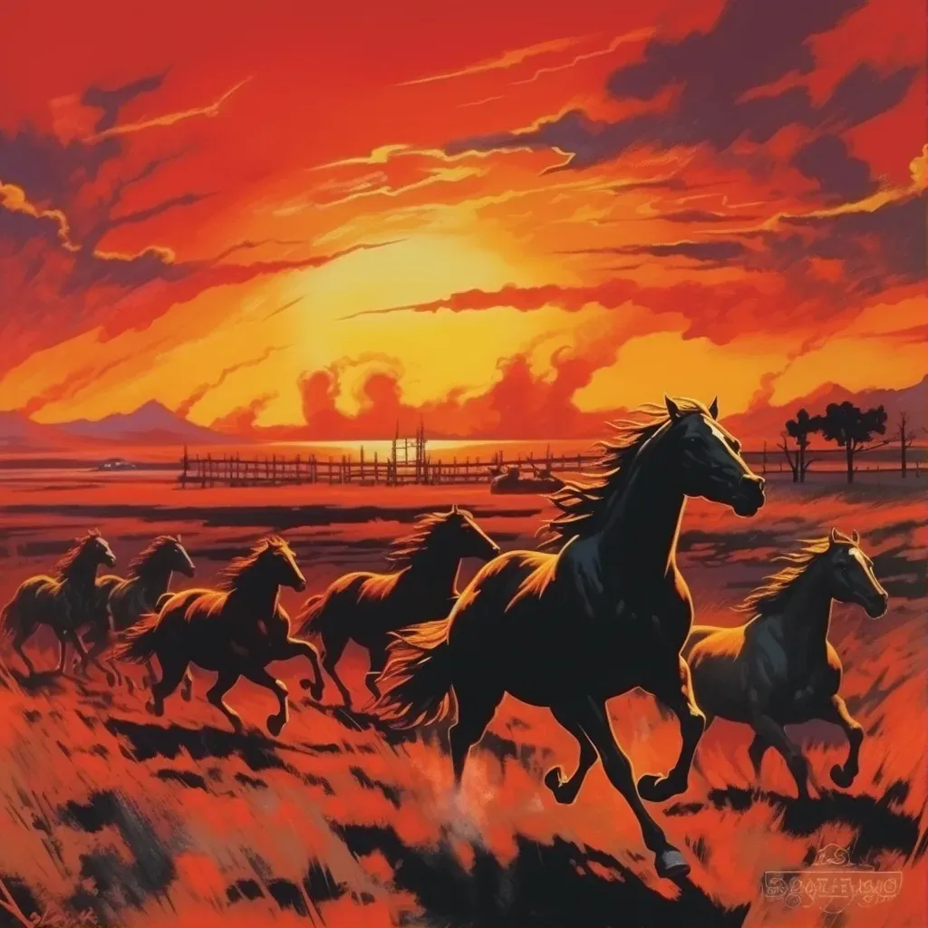 Wild horses racing across a prairie with a vibrant sunset in the background - Image 1