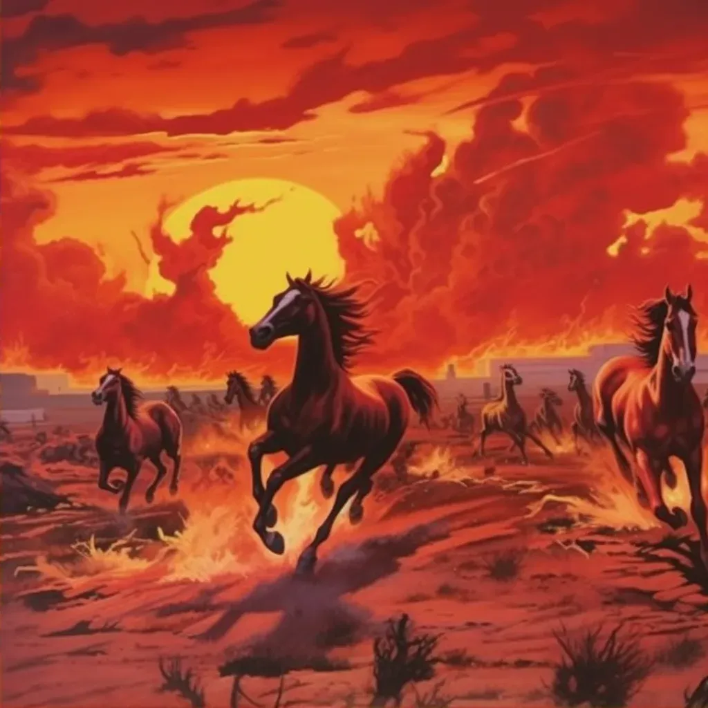 Wild horses racing across a prairie with a vibrant sunset in the background - Image 2