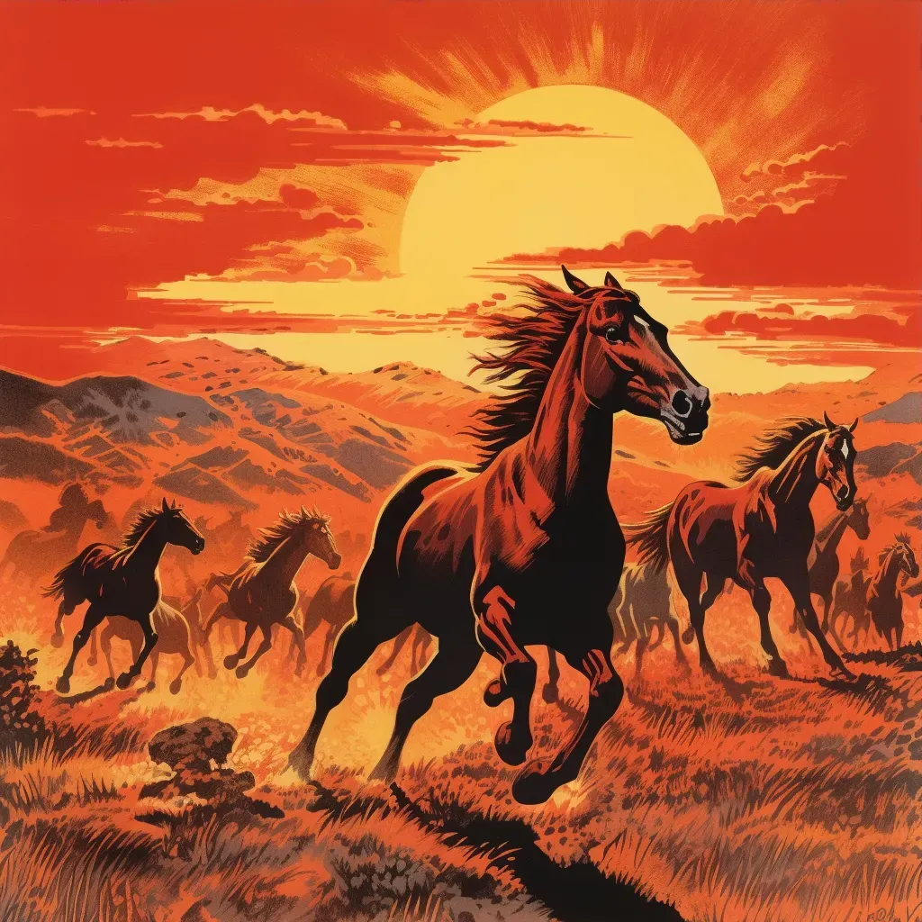 Wild Horses Galloping across Prairie with Fiery Sunset