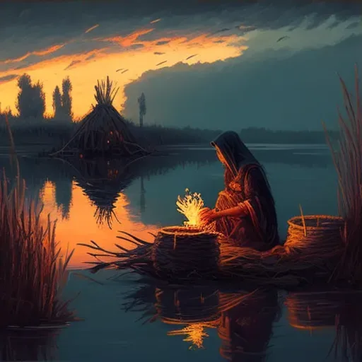 Image of woman weaving baskets by reflective lake - Image 3