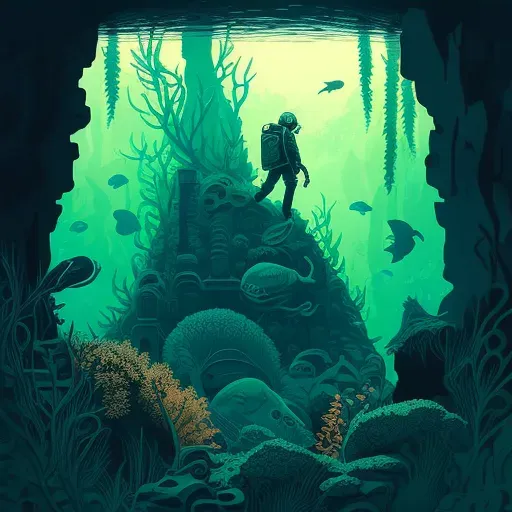 Diver exploring ancient algae-covered sunken statue underwater - Image 4