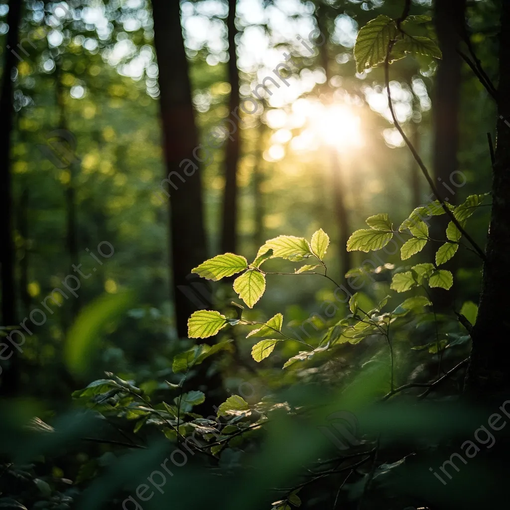 Blurred forest with soft sunlight filtering through leaves - Image 1