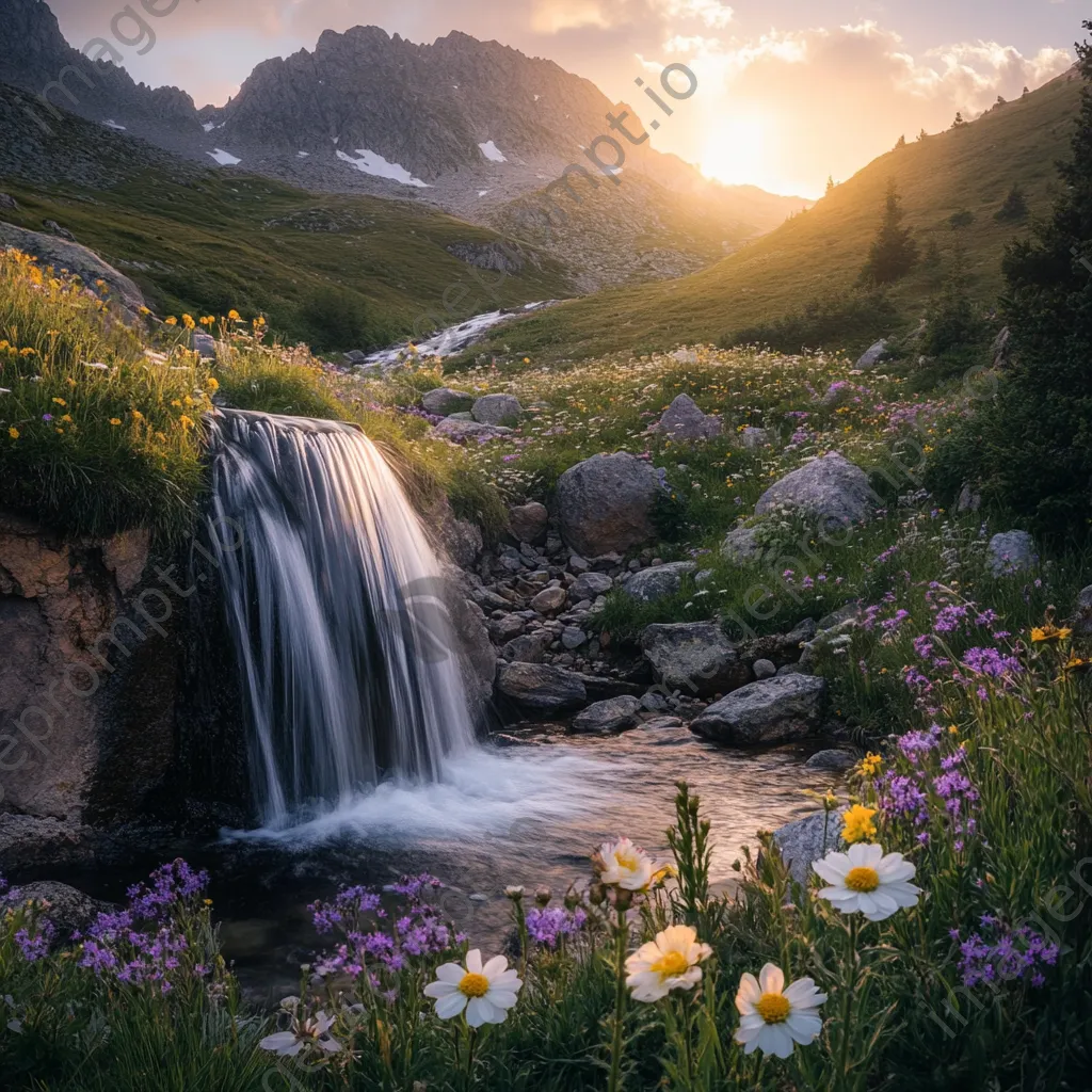 Tranquil waterfall in a secluded valley surrounded by wildflowers - Image 1