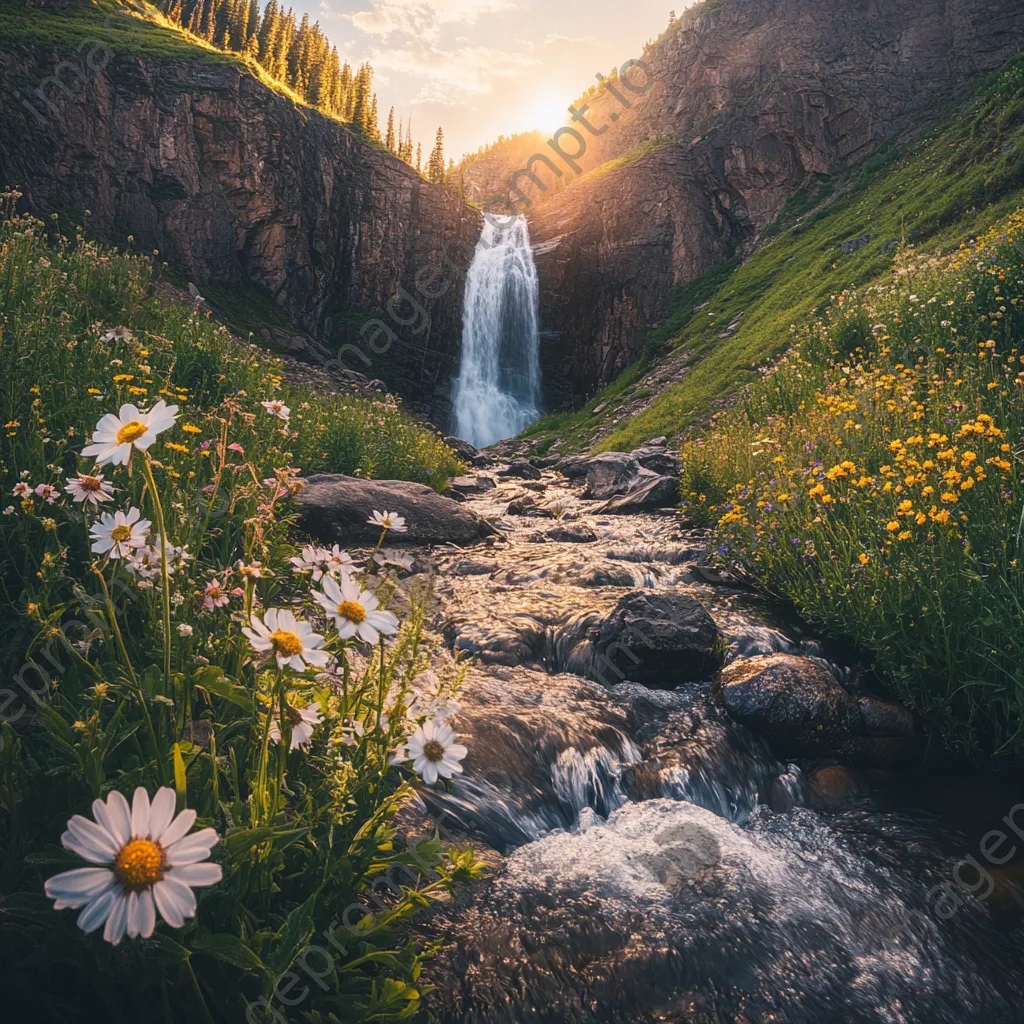 Tranquil waterfall in a secluded valley surrounded by wildflowers - Image 2