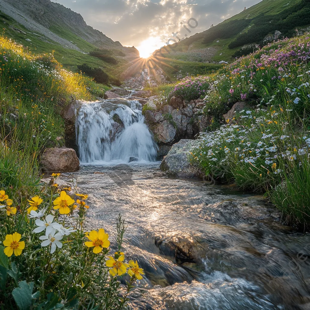 Tranquil waterfall in a secluded valley surrounded by wildflowers - Image 3