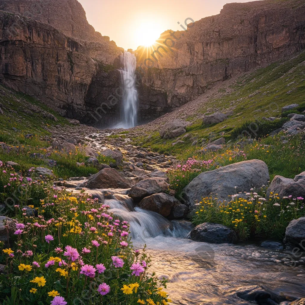 Tranquil waterfall in a secluded valley surrounded by wildflowers - Image 4