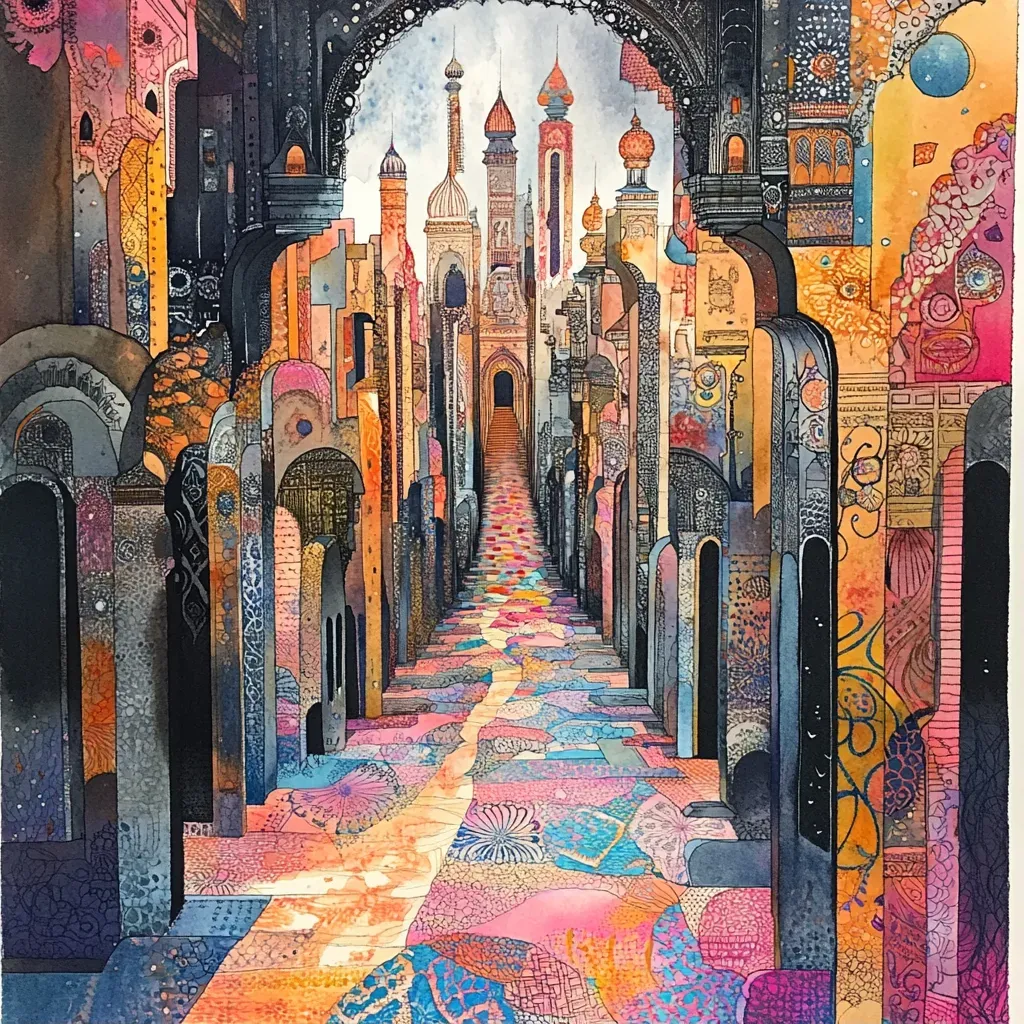 Watercolor cityscape displaying henna-inspired, intricate street designs - Image 1