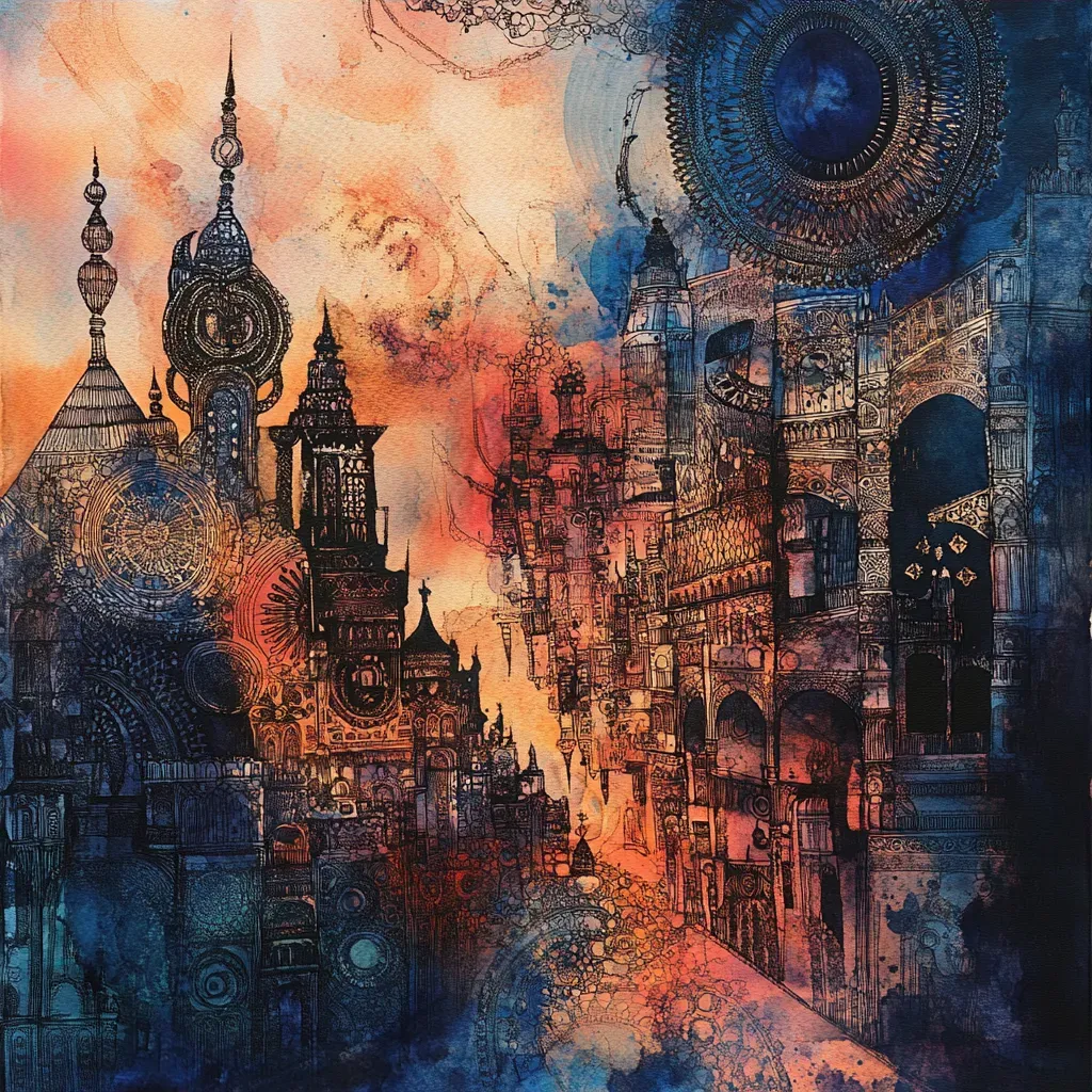 Watercolor cityscape displaying henna-inspired, intricate street designs - Image 3