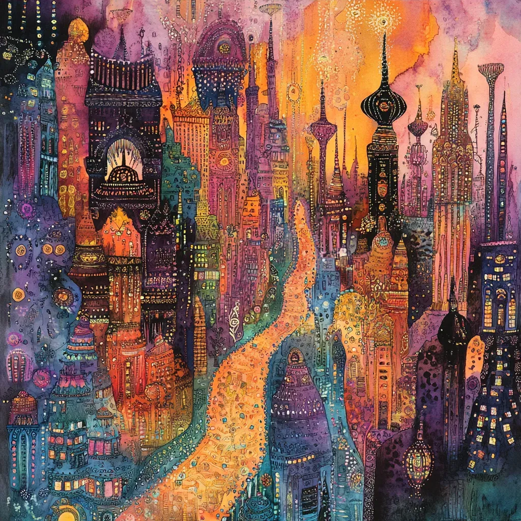 Watercolor cityscape displaying henna-inspired, intricate street designs - Image 4