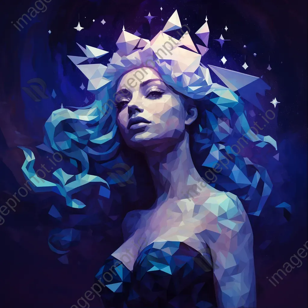 Low-poly Greek Goddess Nyx in deep blues and purples with twinkling stars - Image 1