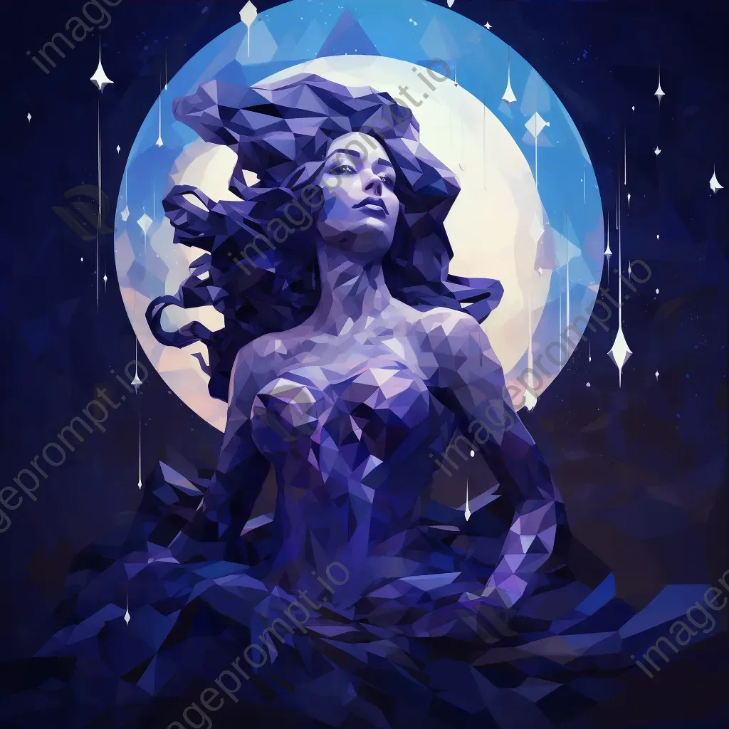 Low-poly Greek Goddess Nyx in deep blues and purples with twinkling stars - Image 3