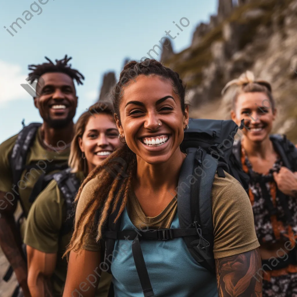 Diverse group of friends hiking up a mountain trail. - Image 2