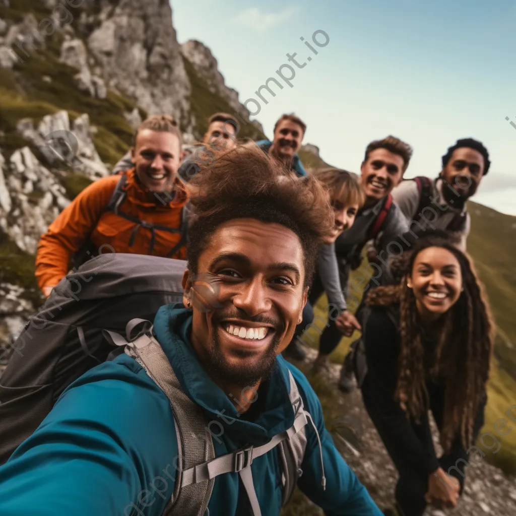 Diverse group of friends hiking up a mountain trail. - Image 4