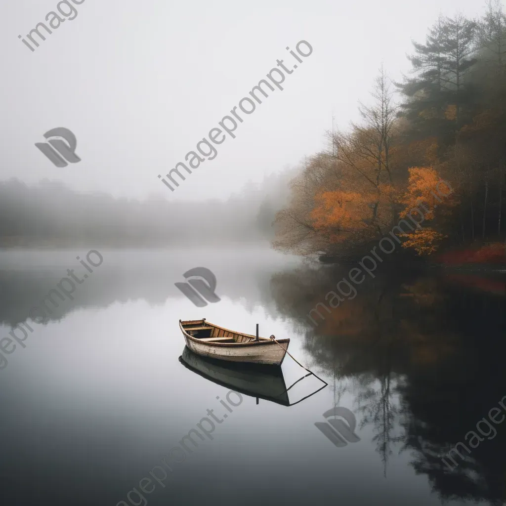 Lonely boat on a calm lake surrounded by mist - Image 1