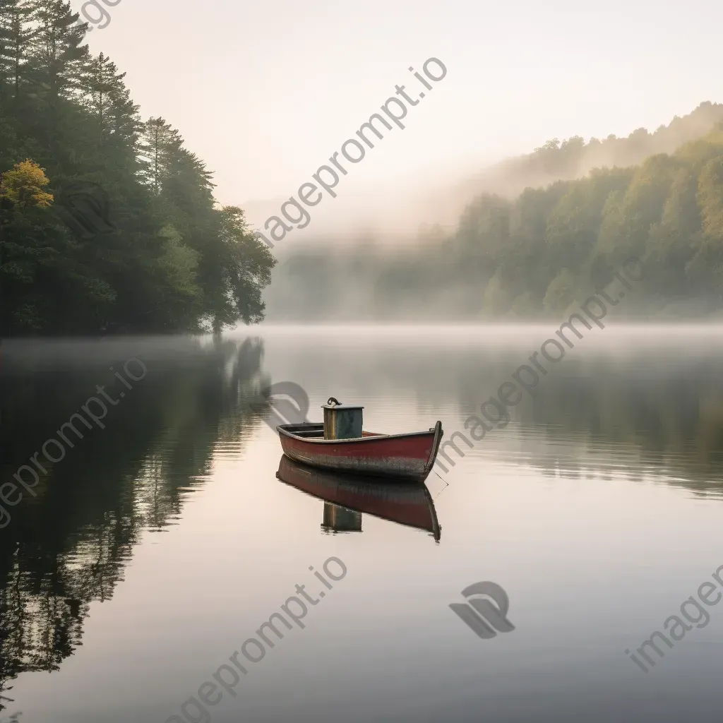 Lonely boat on a calm lake surrounded by mist - Image 2