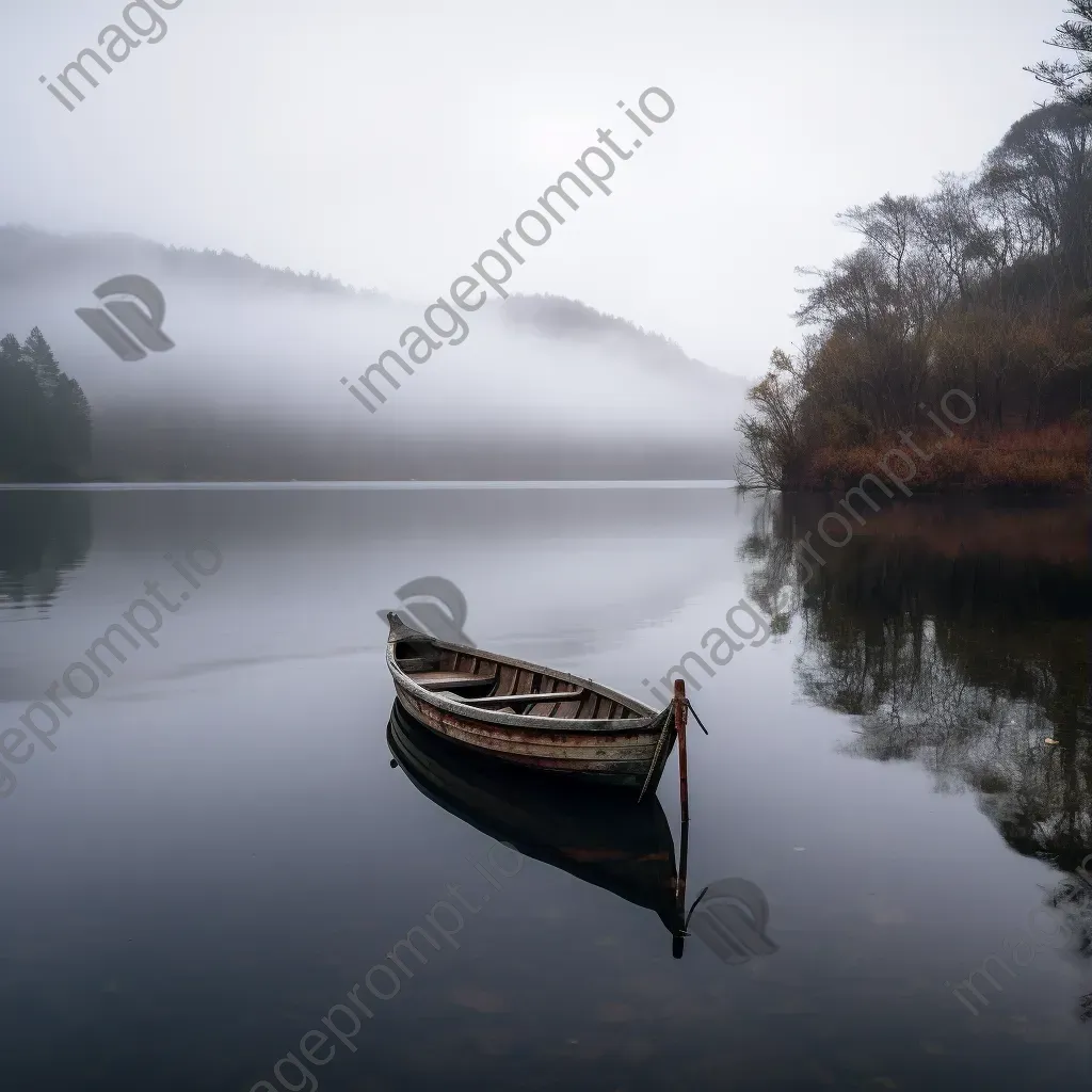 Lonely boat on a calm lake surrounded by mist - Image 3