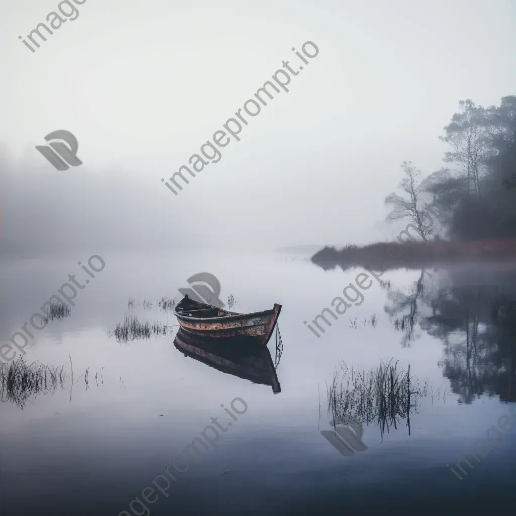 Lonely boat on a calm lake surrounded by mist - Image 4