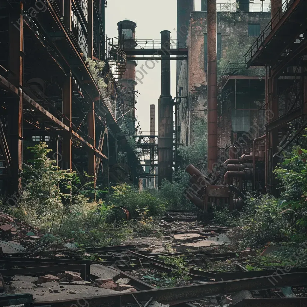 Decaying industrial factory with broken smokestacks - Image 1