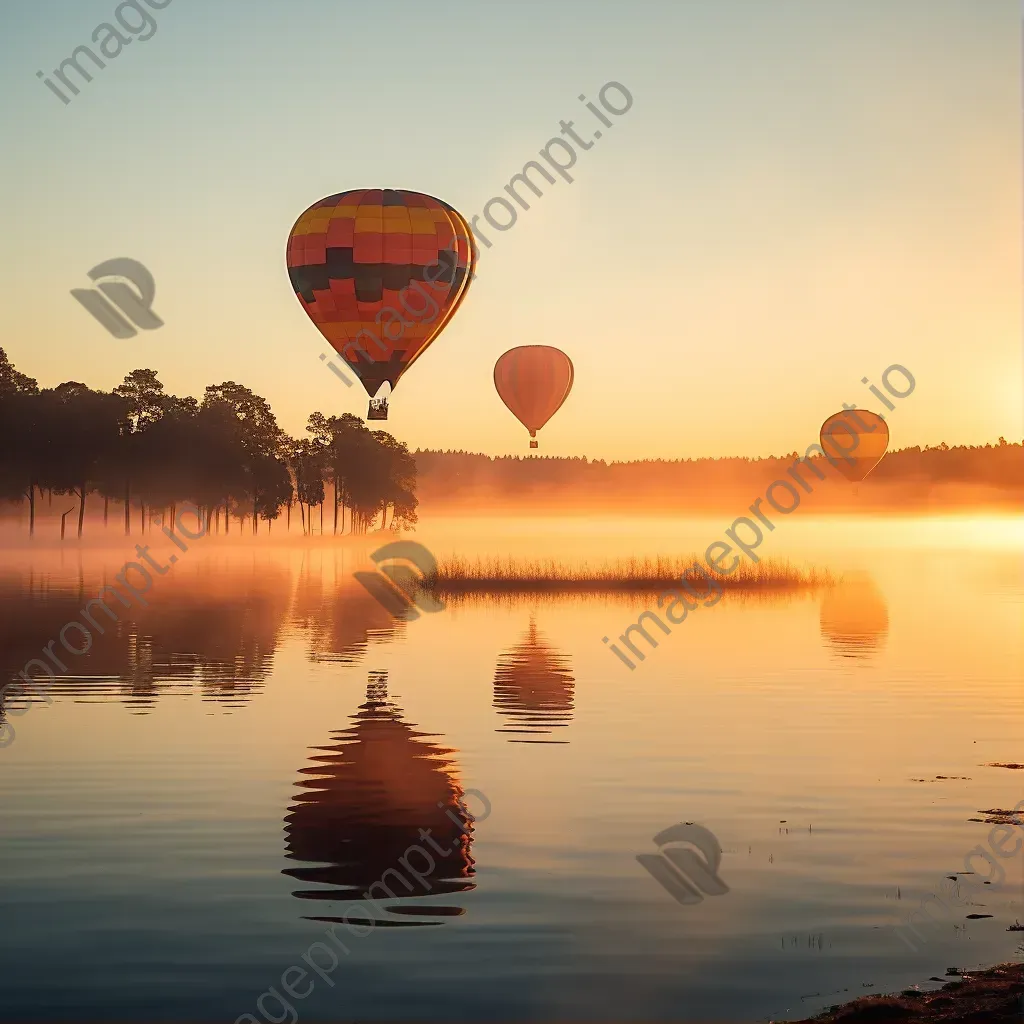 Hot air balloons over a misty lake at sunrise - Image 1